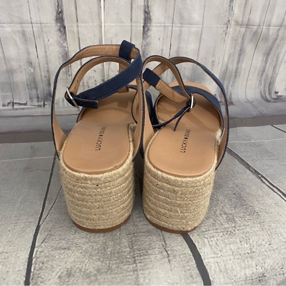 Lucky Brand Size 8.5 M Blue Suede Ankle Strap Espadrille Wedge Sandals Jute NEW - Picture 8 of 10